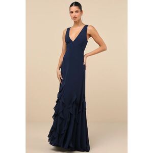 Lulus Alorna Dark Navy Sleeveless Ruffled Maxi Dress Size M NWT